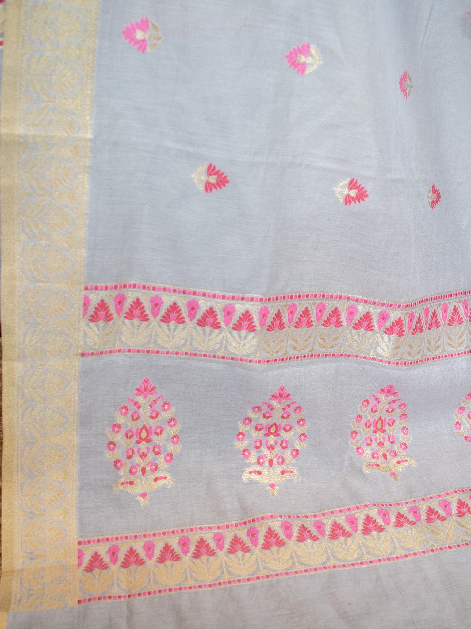 Banarasi Soft Cotton Salwar Kameez Fabric With Zari Dupatta- Grey & Pink