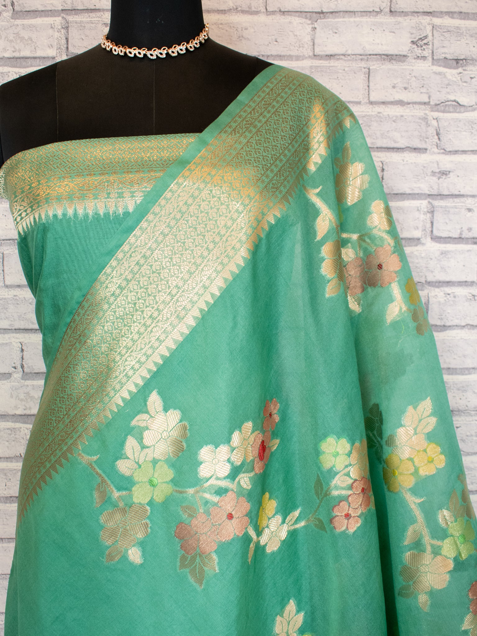 Banarasi Cotton Silk Saree with Floral Weaving & Border- Sea Green