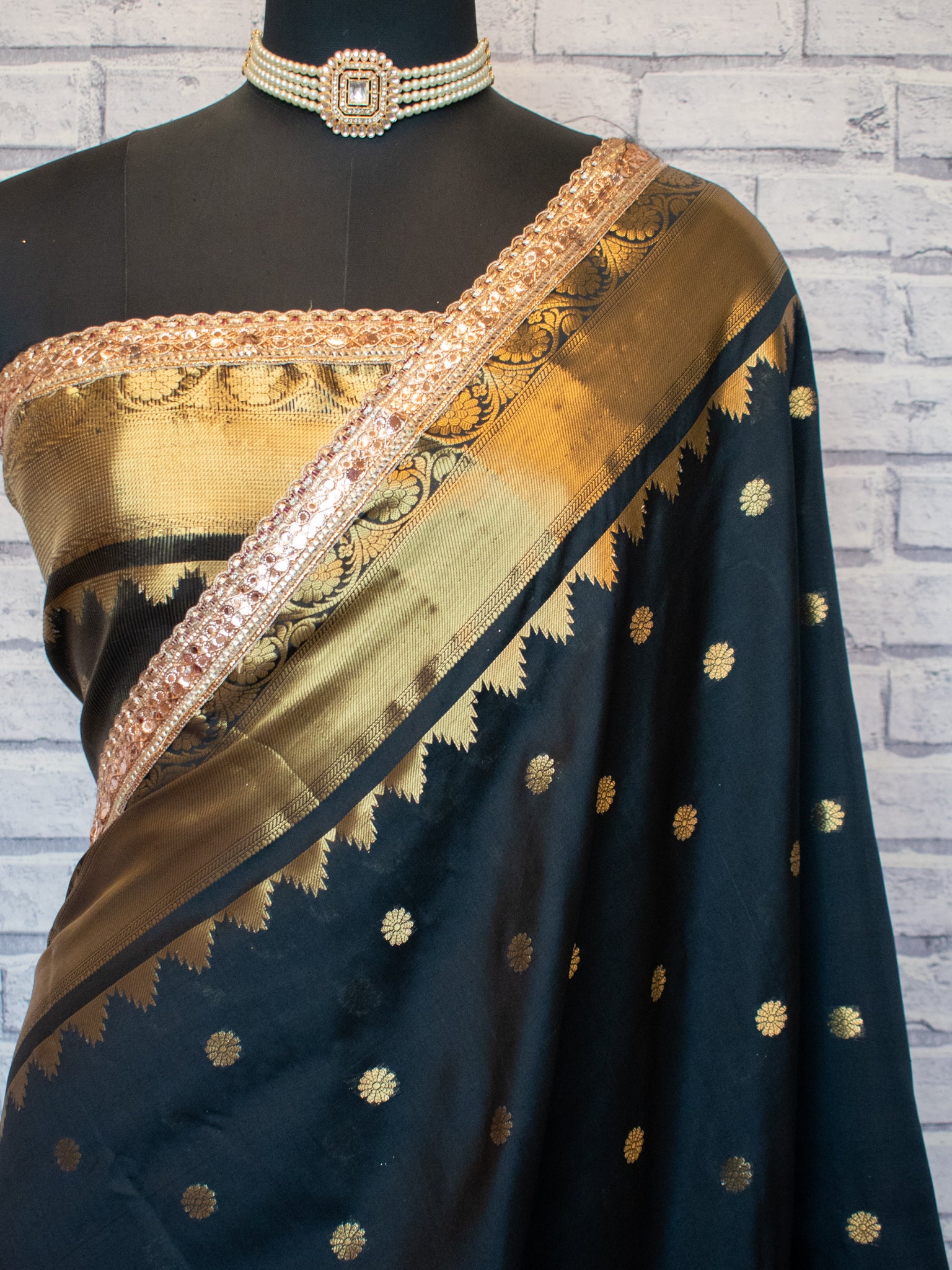 Banarasi Semi Silk Saree with Zari Buti Weaving & Lace Border - Black