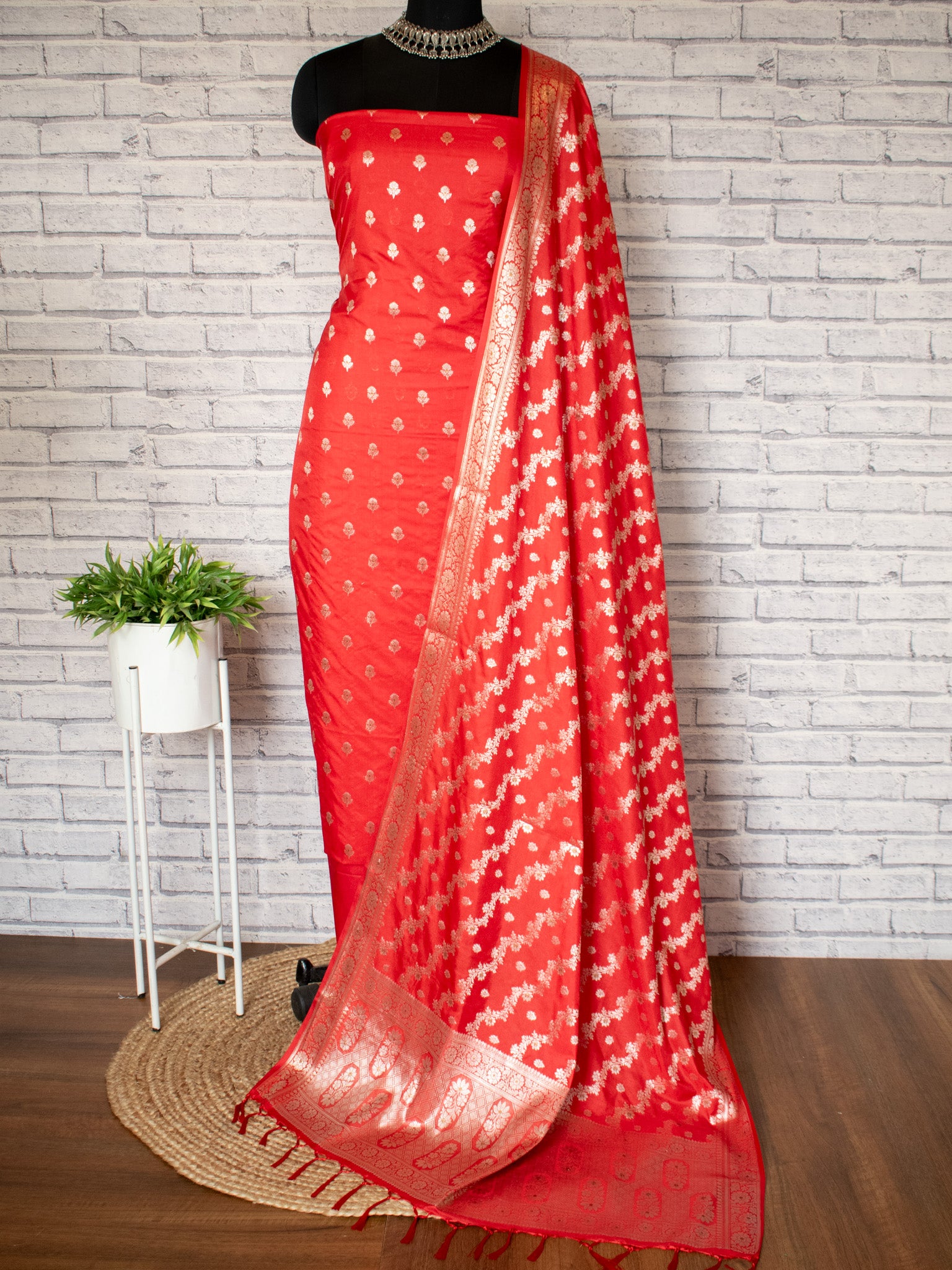 Banarasi Silk Salwar Kameez Fabric With Silver Zari Weaving With Dupatta-Red