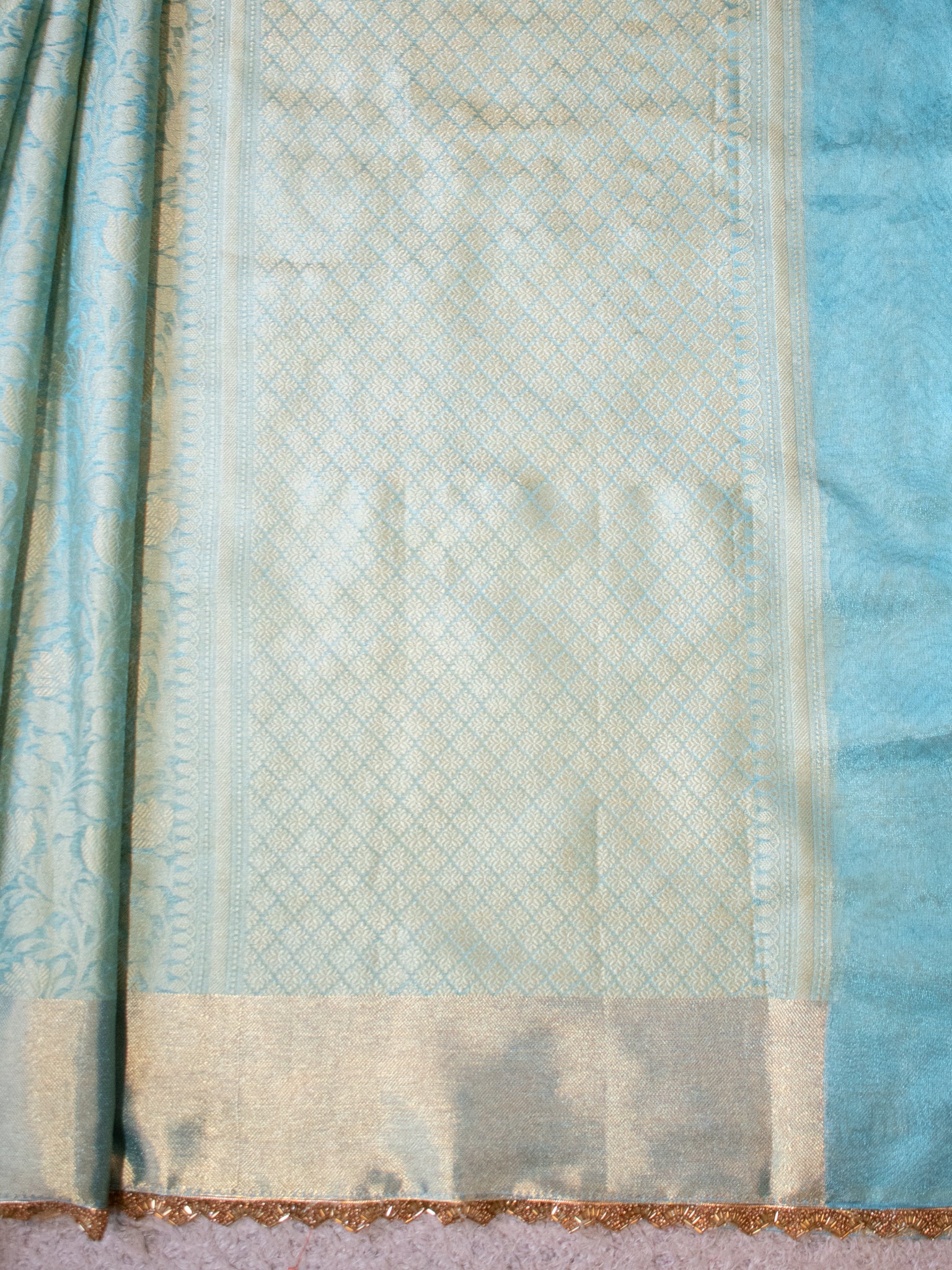 Banarasi Tissue Saree With Lace Border - Aqua Blue