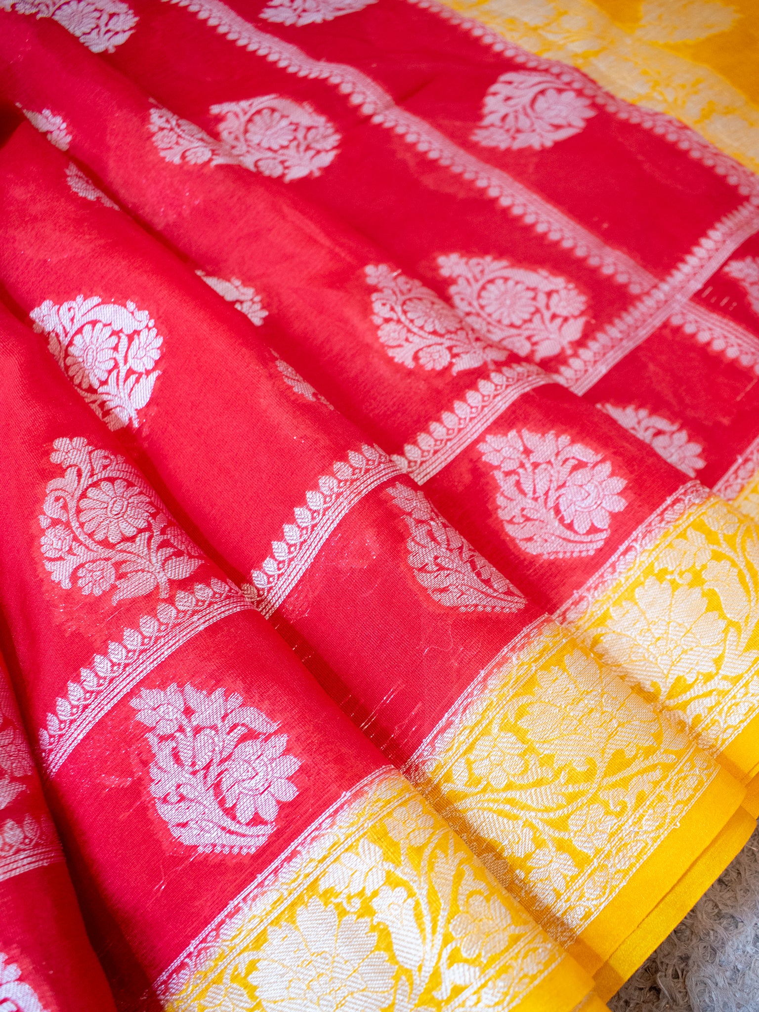 Banarasi Dupion Warm Silk Saree With Silver Buta & Contrast Border- Red