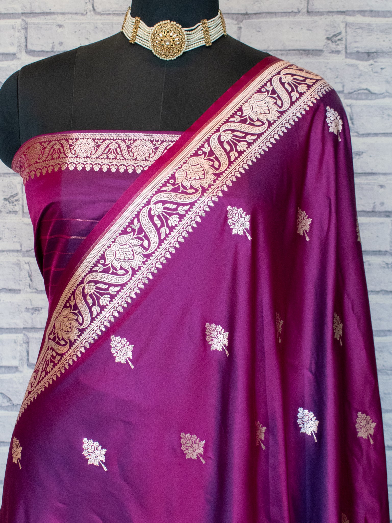 Banarasi Mashru Silk Saree With Buti & Border- Wine