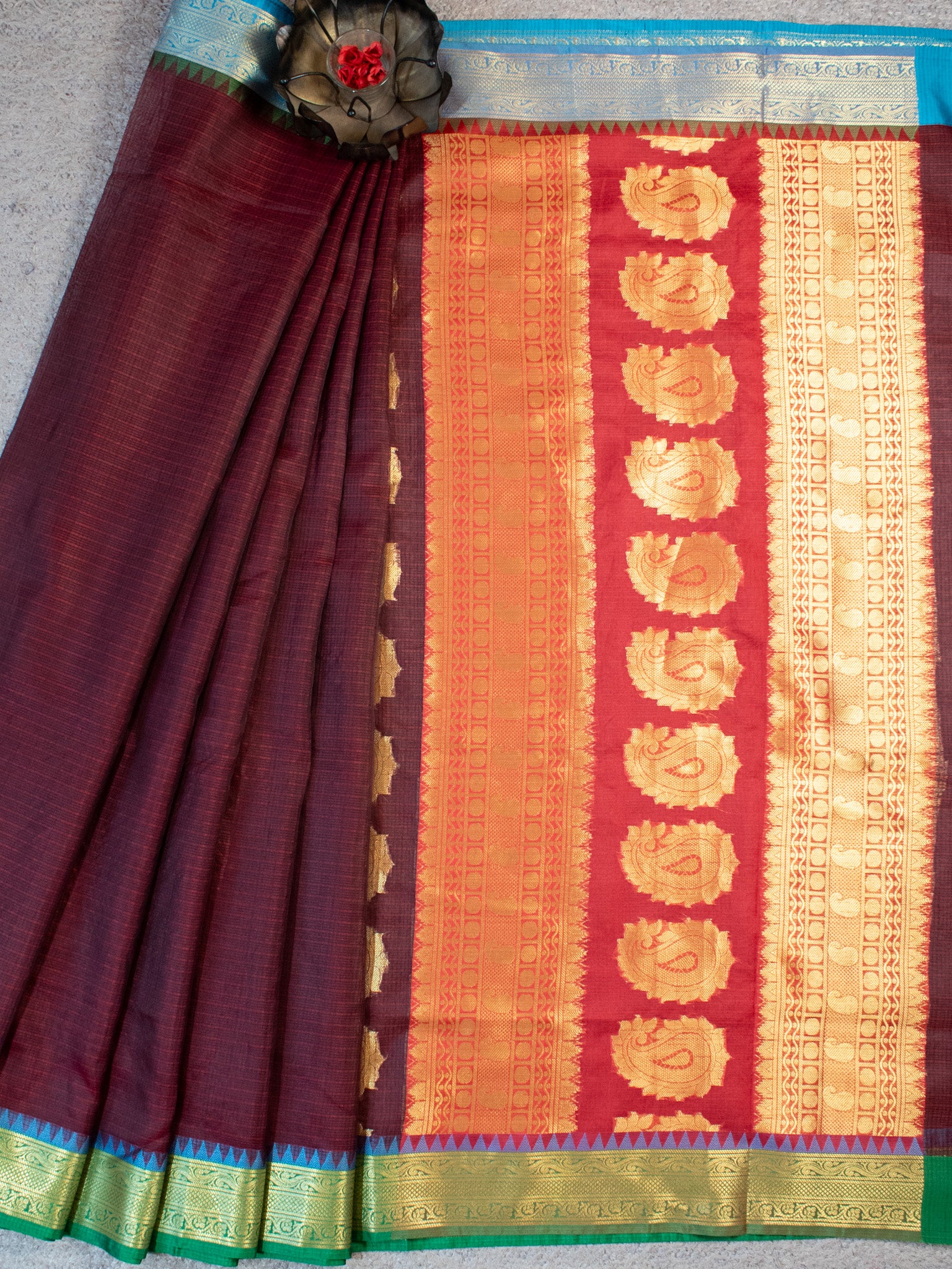 Banarasi Kota Check Saree With Contrast Border - Wine