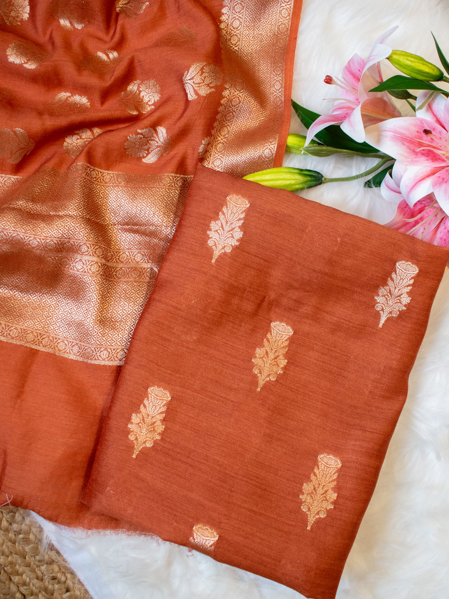 Banarasi Pure Muga Silk Salwar Kameez- Brick Orange