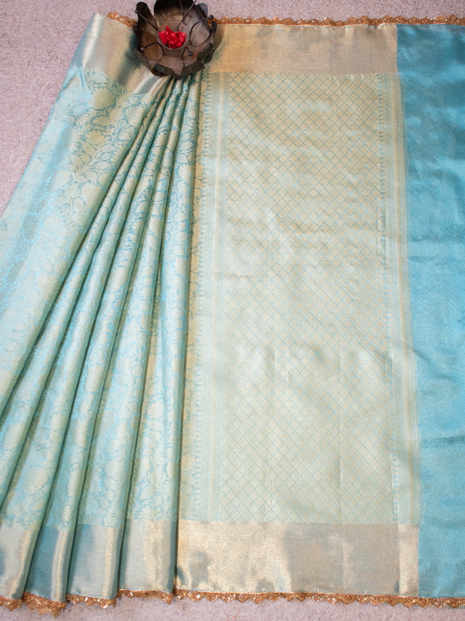 Banarasi Tissue Saree With Lace Border - Aqua Blue