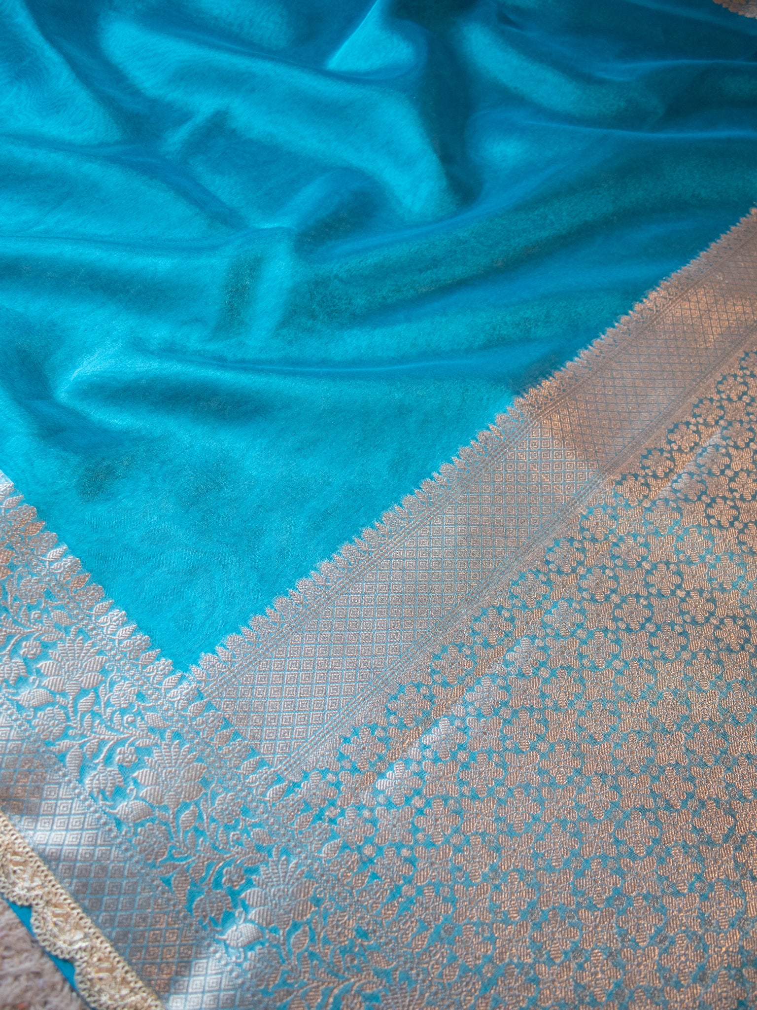 Banarasi Plain Tissue Saree With Lace Border - Blue