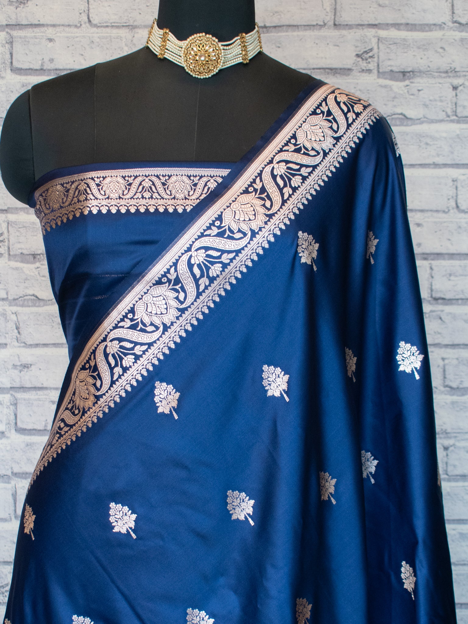Banarasi Mashru Silk Saree With Buti & Border- Blue