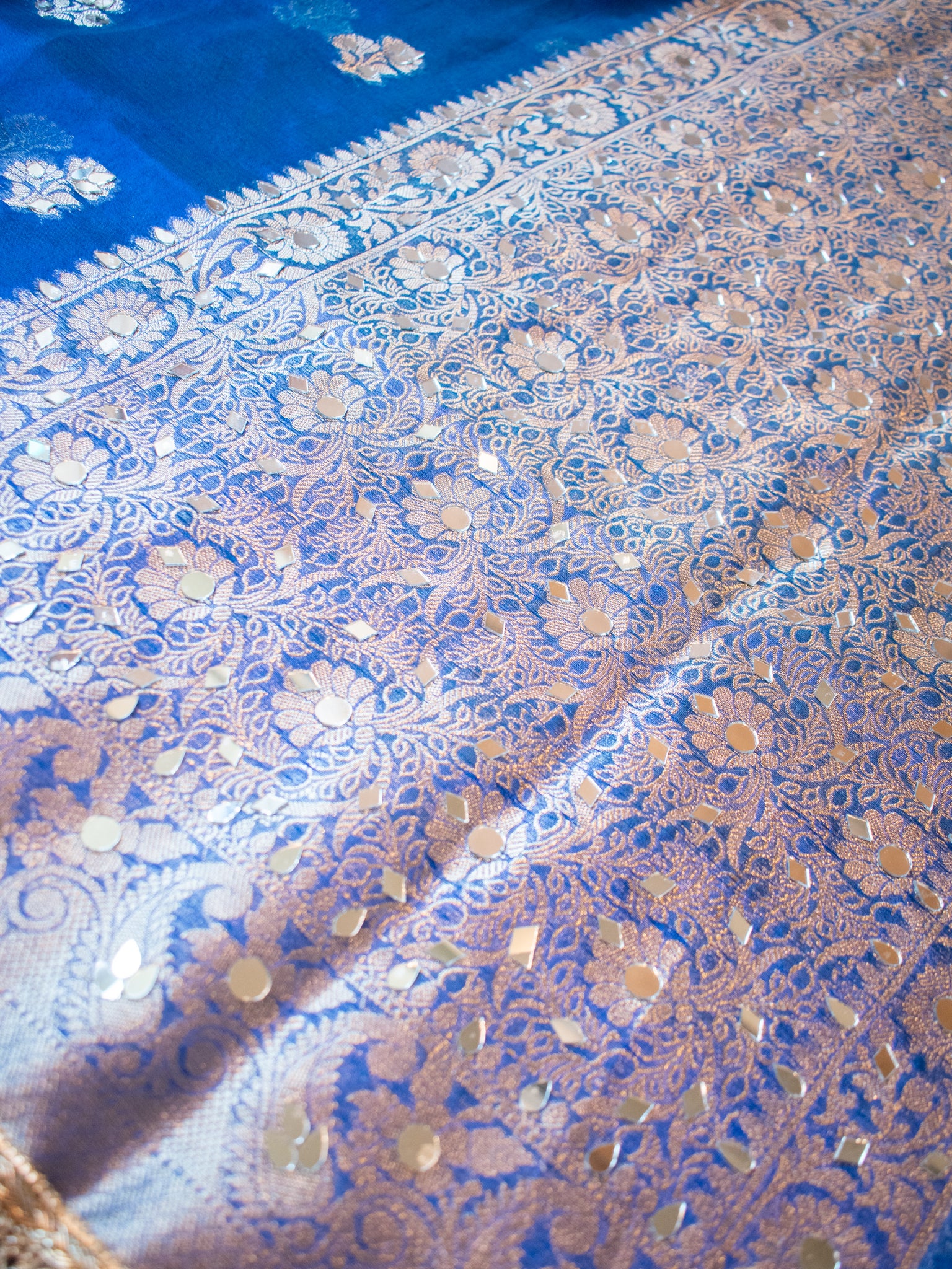 Banarasi Tissue Saree With Mirror Work & Lace Border- Blue