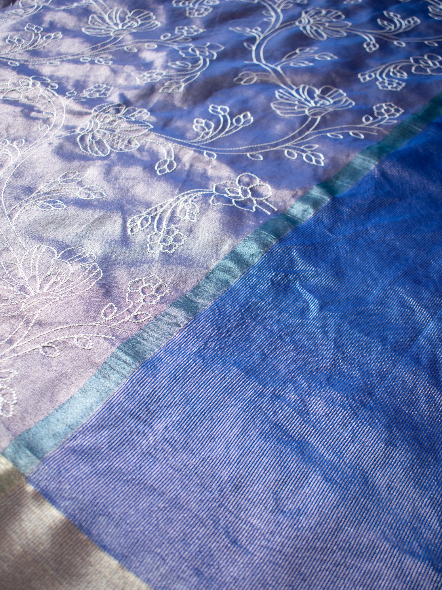 Banarasi Tissue Embroidered Saree With Weaving & Border- Blue