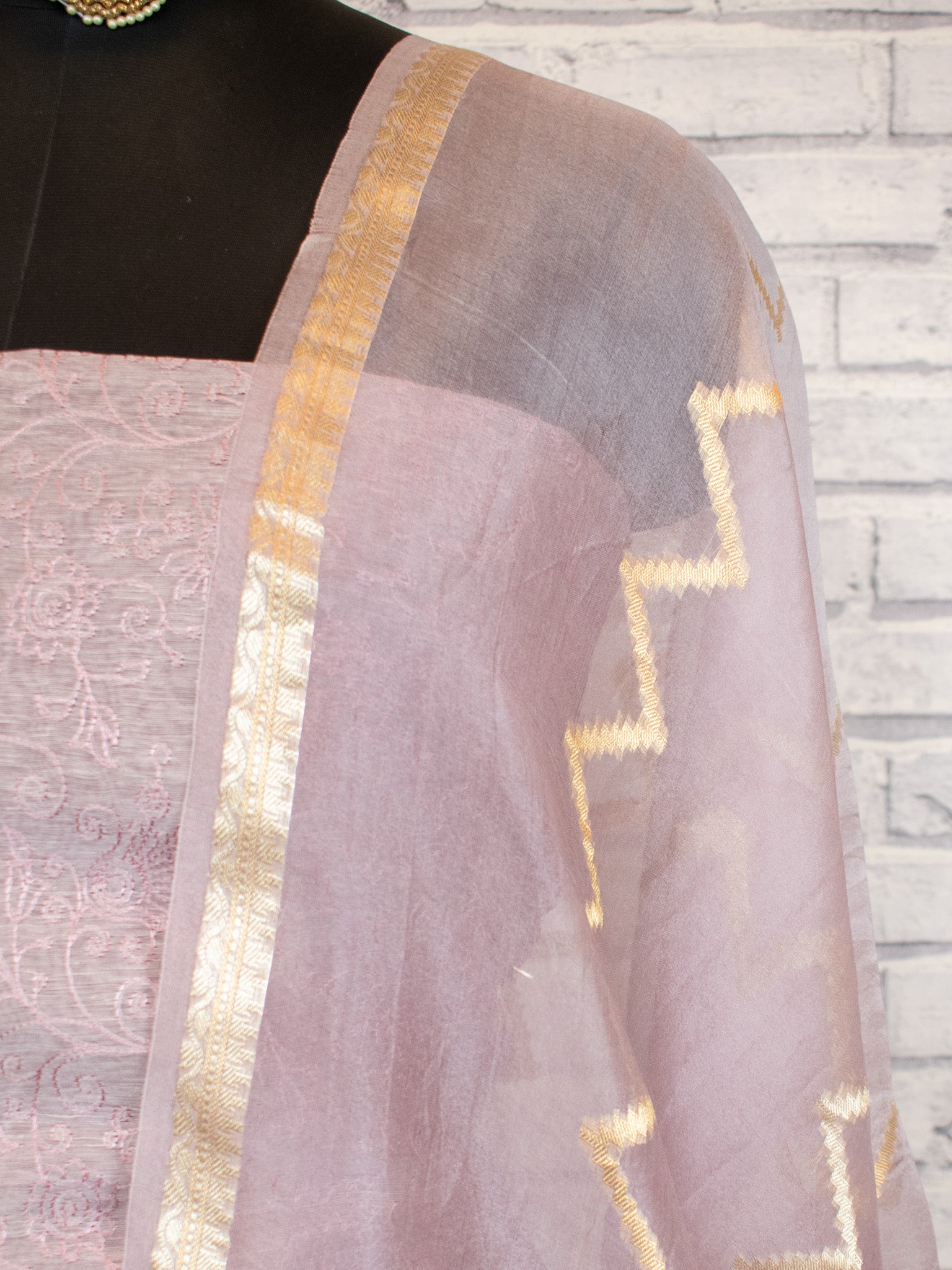 Banarasi Soft Embroidered Cotton Salwar Kameez Fabric With Organza Dupatta- Light Mauve