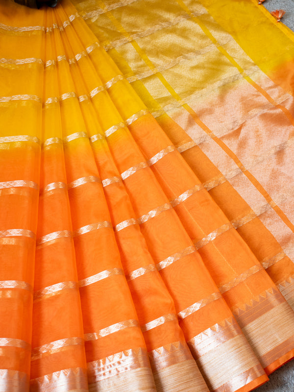Banarasi Shaded Organza Saree With Zari Weaving-Orange & Yellow