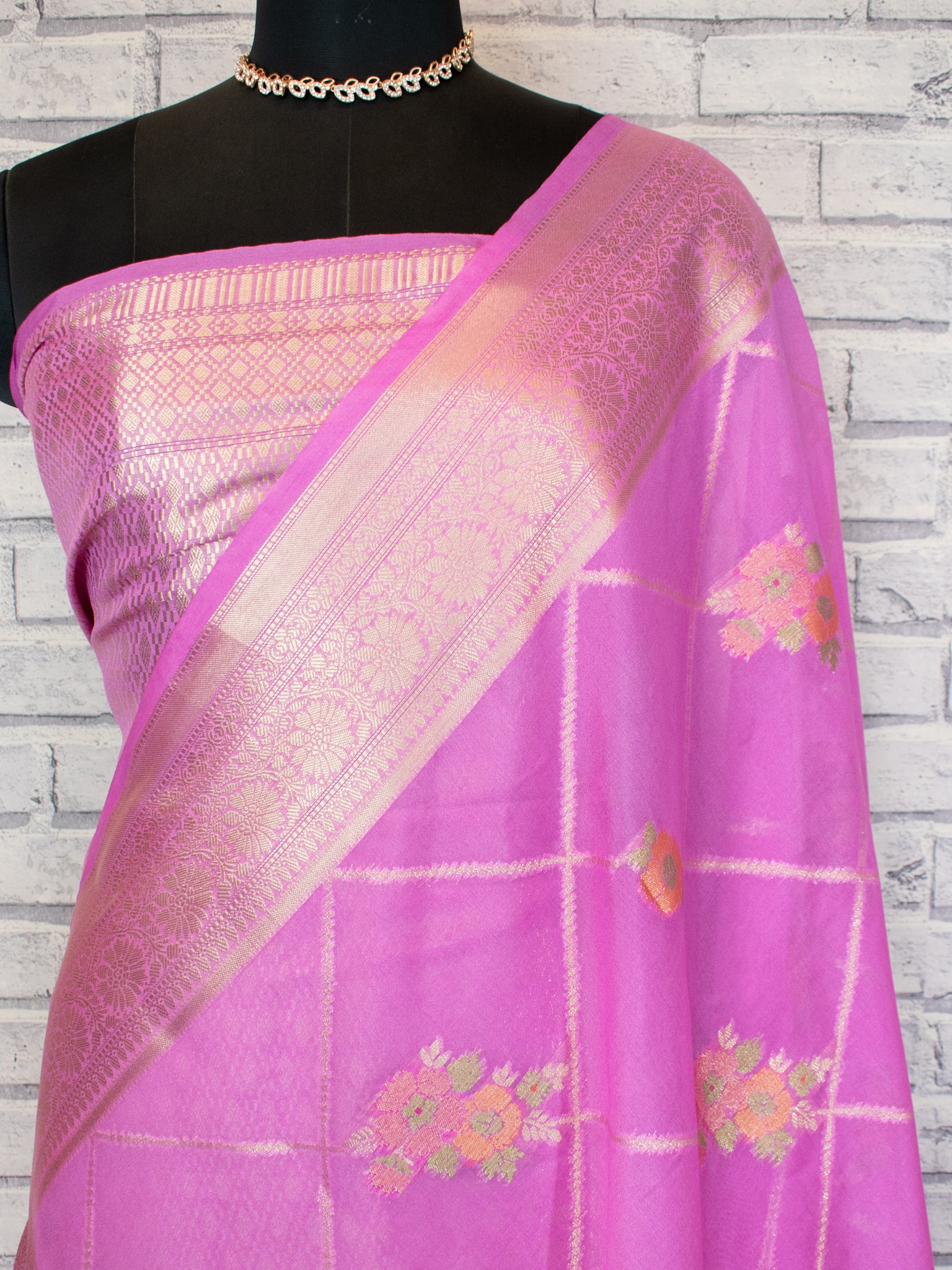 Banarasi Cotton Silk Saree with Floral Weaving & Border-Pink