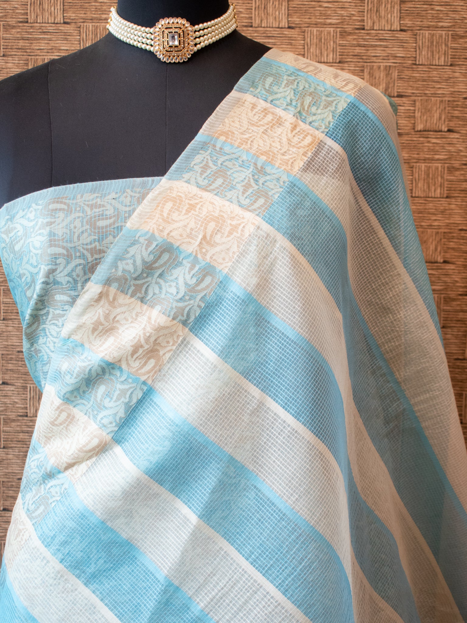 Banarasi Kota Check Saree with Resham Weaving Border- Blue