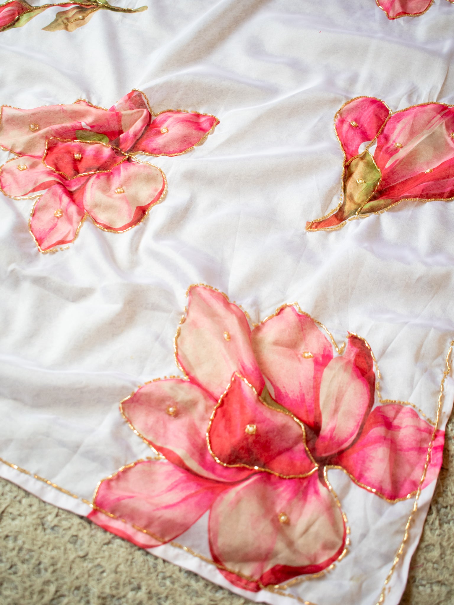 Semi Satin Floral Saree - White