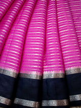 Banarasi Cotton Silk Saree with Satin Contrast Border-Pink