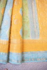 Banarasi Cotton Silk Saree With Silver Zari & Border-Blue