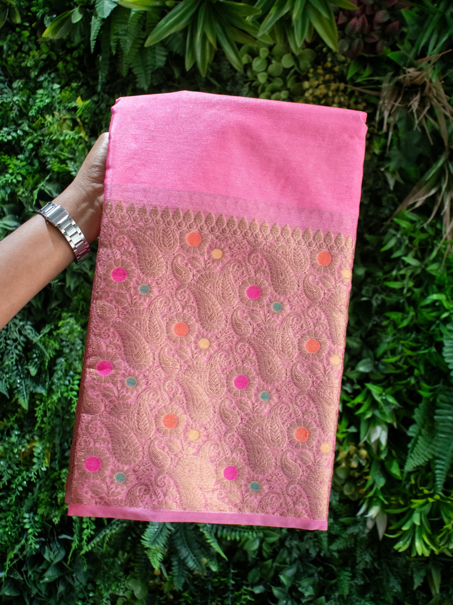 Banarasi Cotton Silk Saree Plain Body With Antique Zari Meenakari Border-Pink