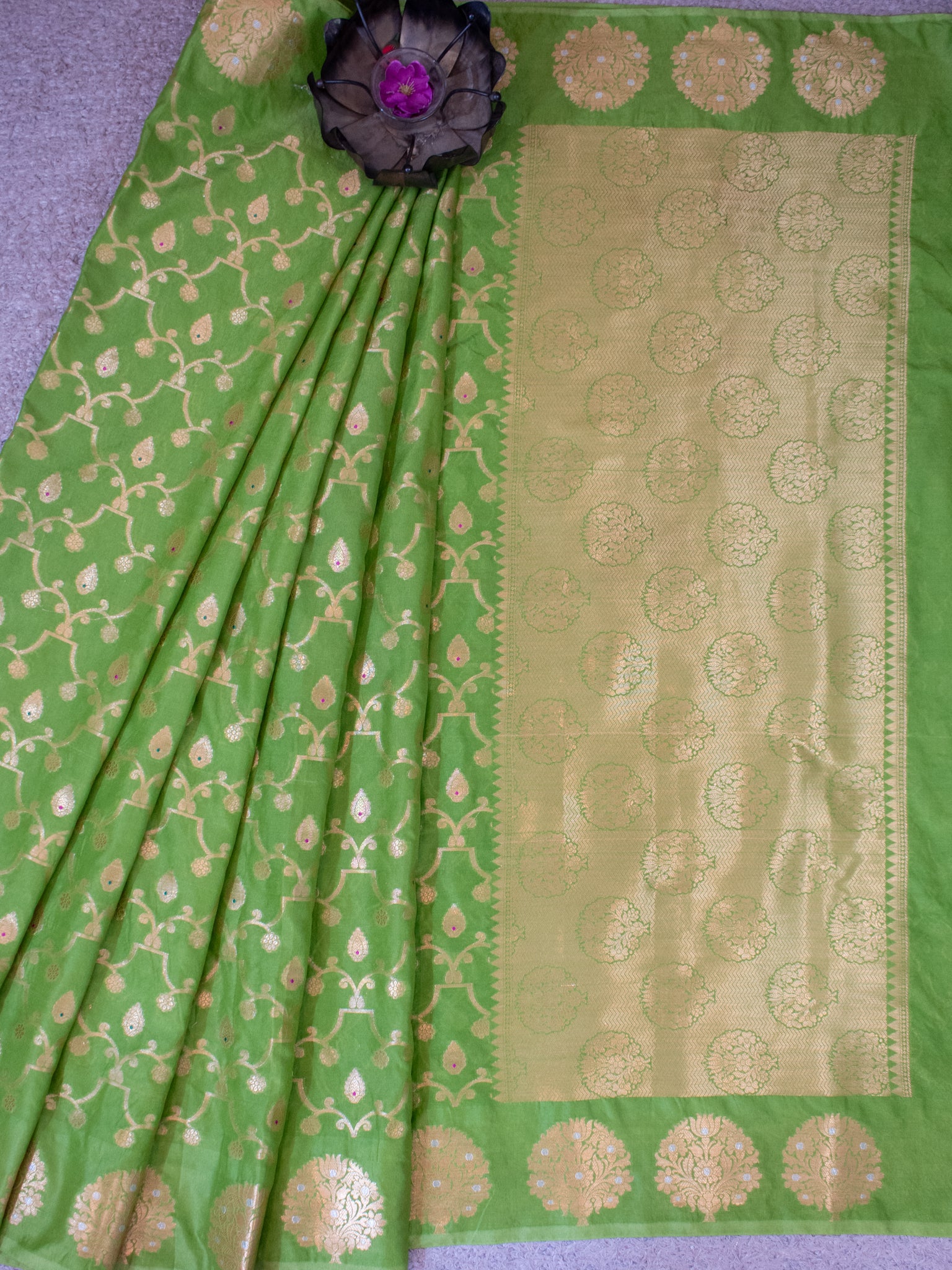 Banarasi Soft Cotton Saree With Zari Weaving & Border- Green