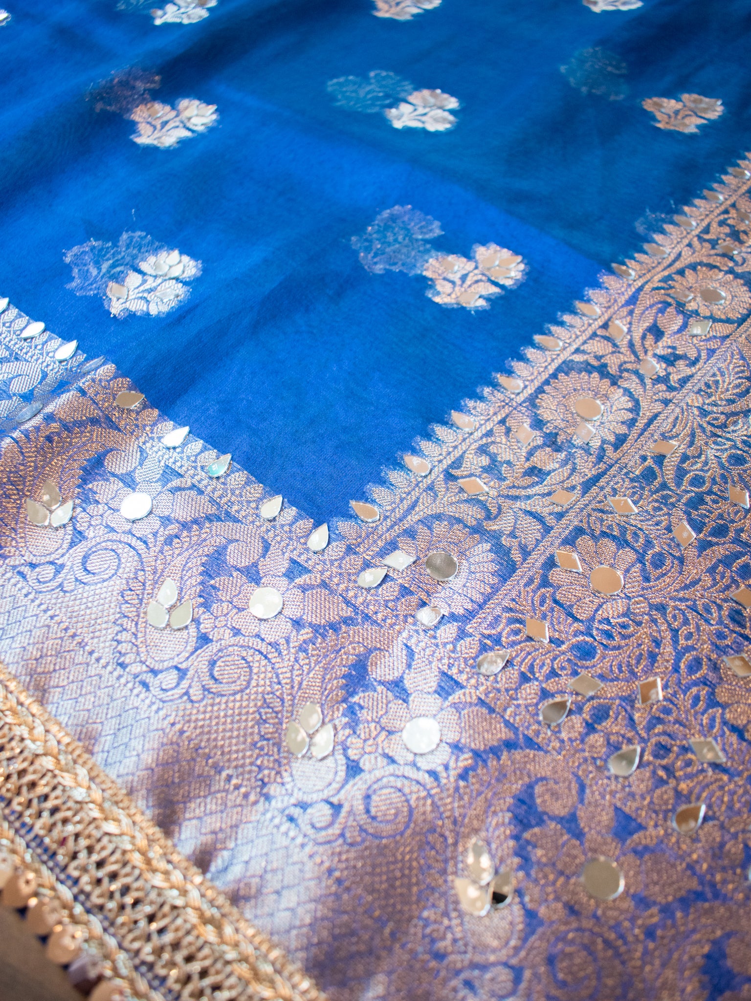 Banarasi Tissue Saree With Mirror Work & Lace Border- Blue