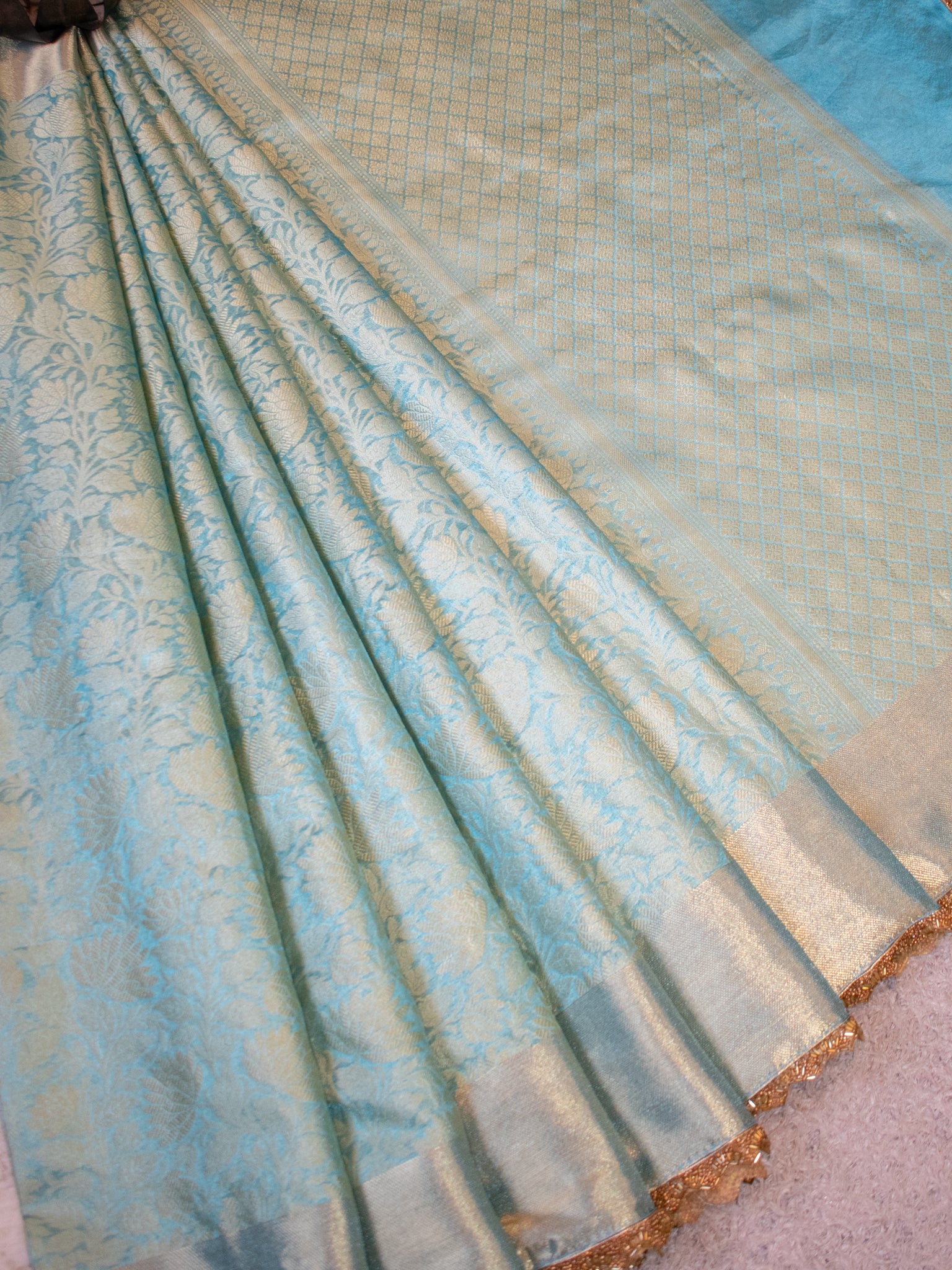Banarasi Tissue Saree With Lace Border - Aqua Blue