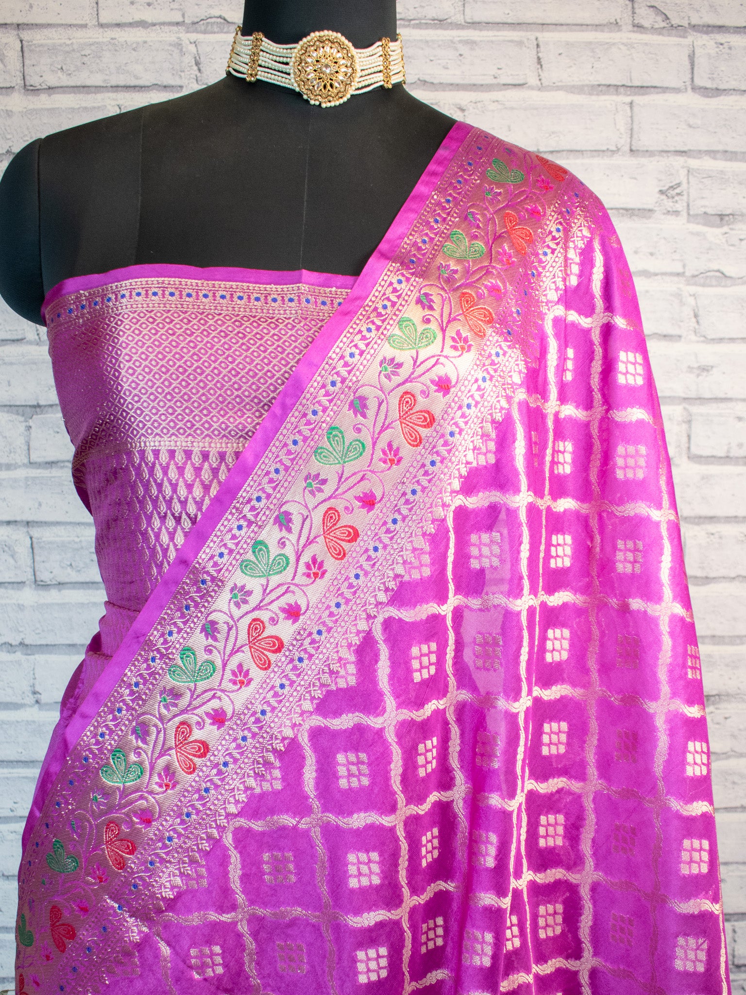 Banarasi Cotton Silk Saree With Zari Weaving & Meena Border-Pink