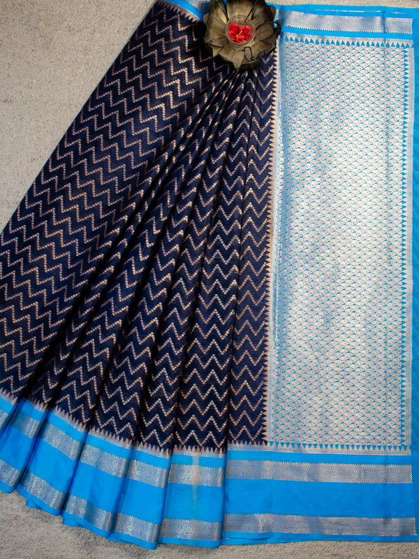 Banarasi Cotton Silk Saree With Silver Zari Border-Blue