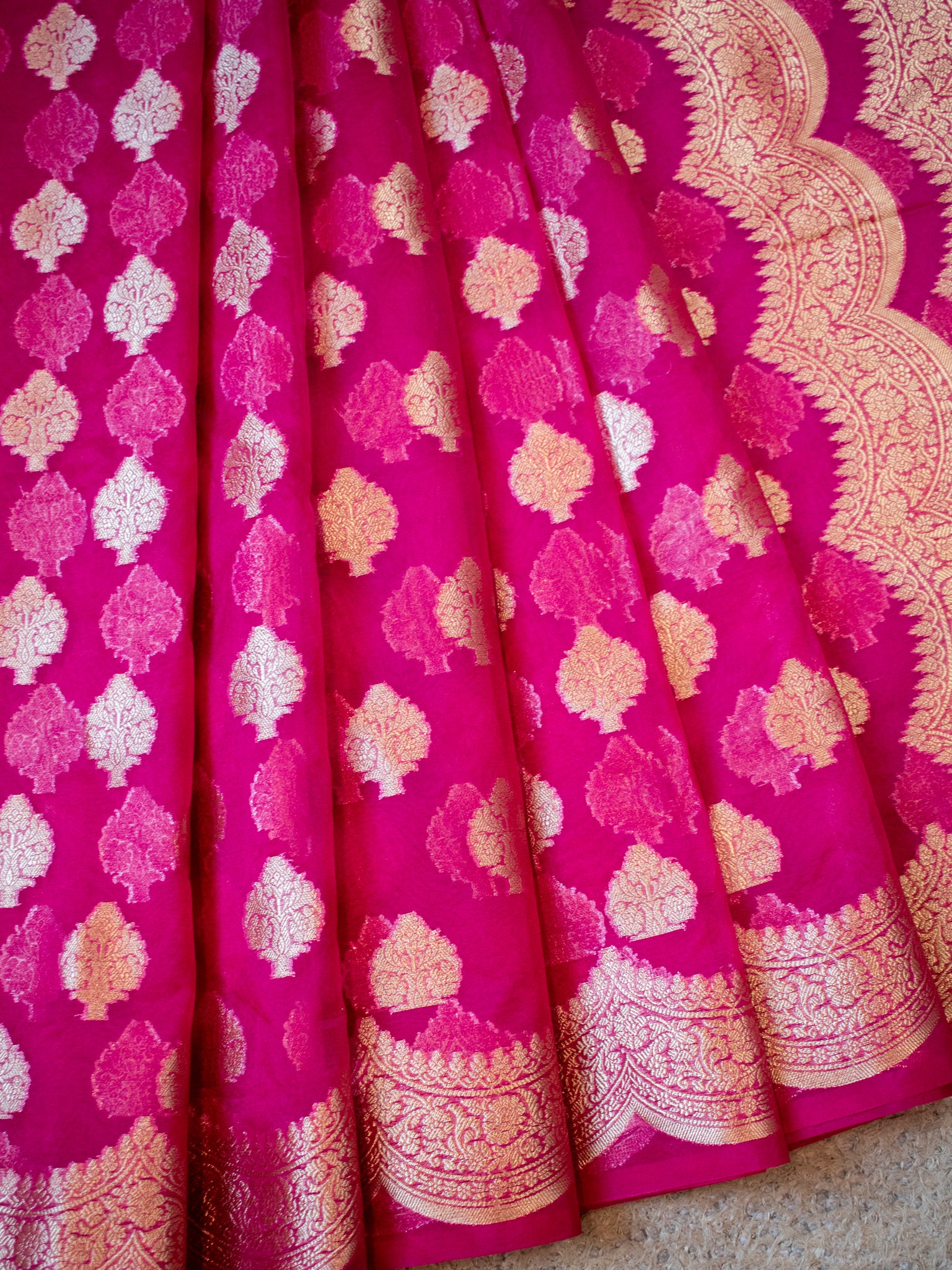 Banarasi Organza Saree With Zari Buta & Border- Magenta