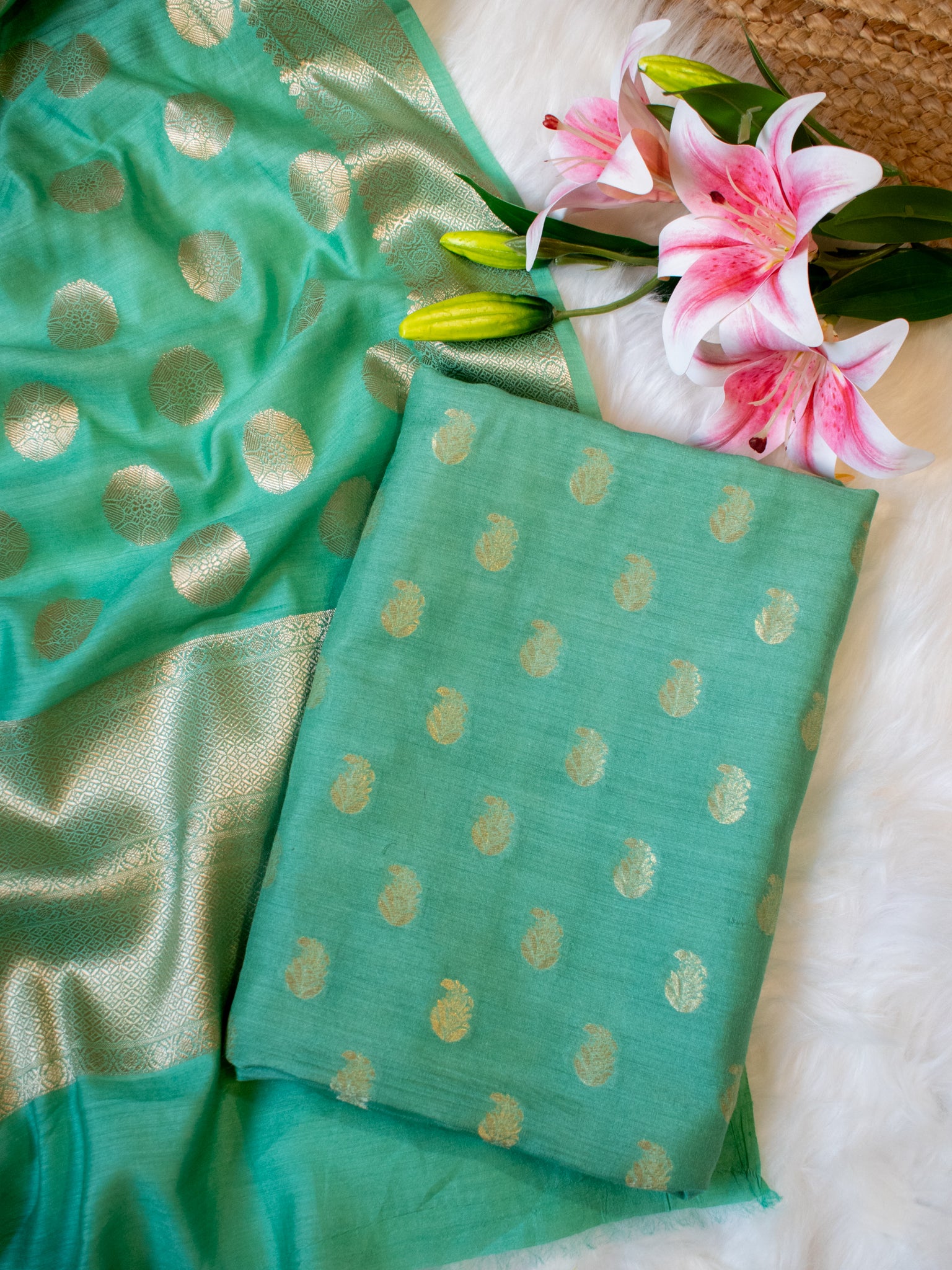 Banarasi Pure Muga Silk Salwar Kameez- Teal
