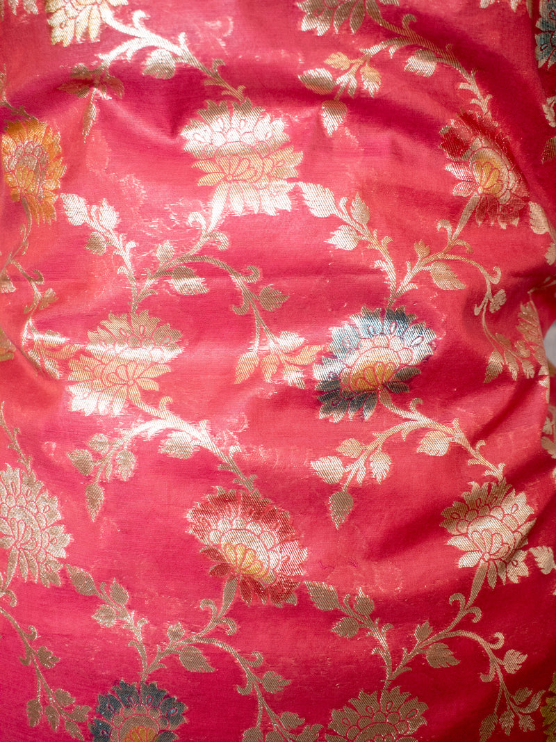 Banarasi Cotton Silk Salwar Kameez Material With Silver Zari Jaal Weaving & Dupatta-Pink