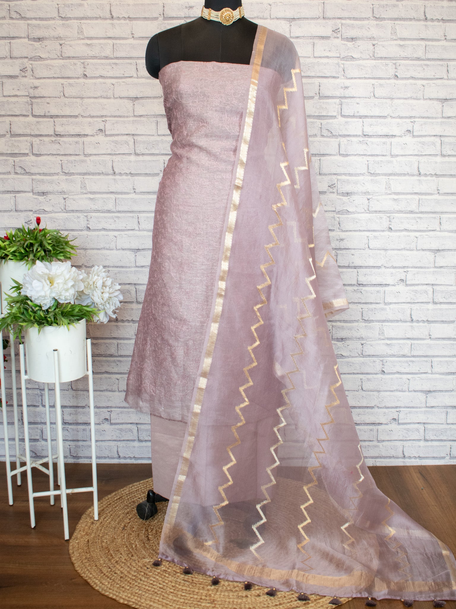 Banarasi Soft Embroidered Cotton Salwar Kameez Fabric With Organza Dupatta- Light Mauve