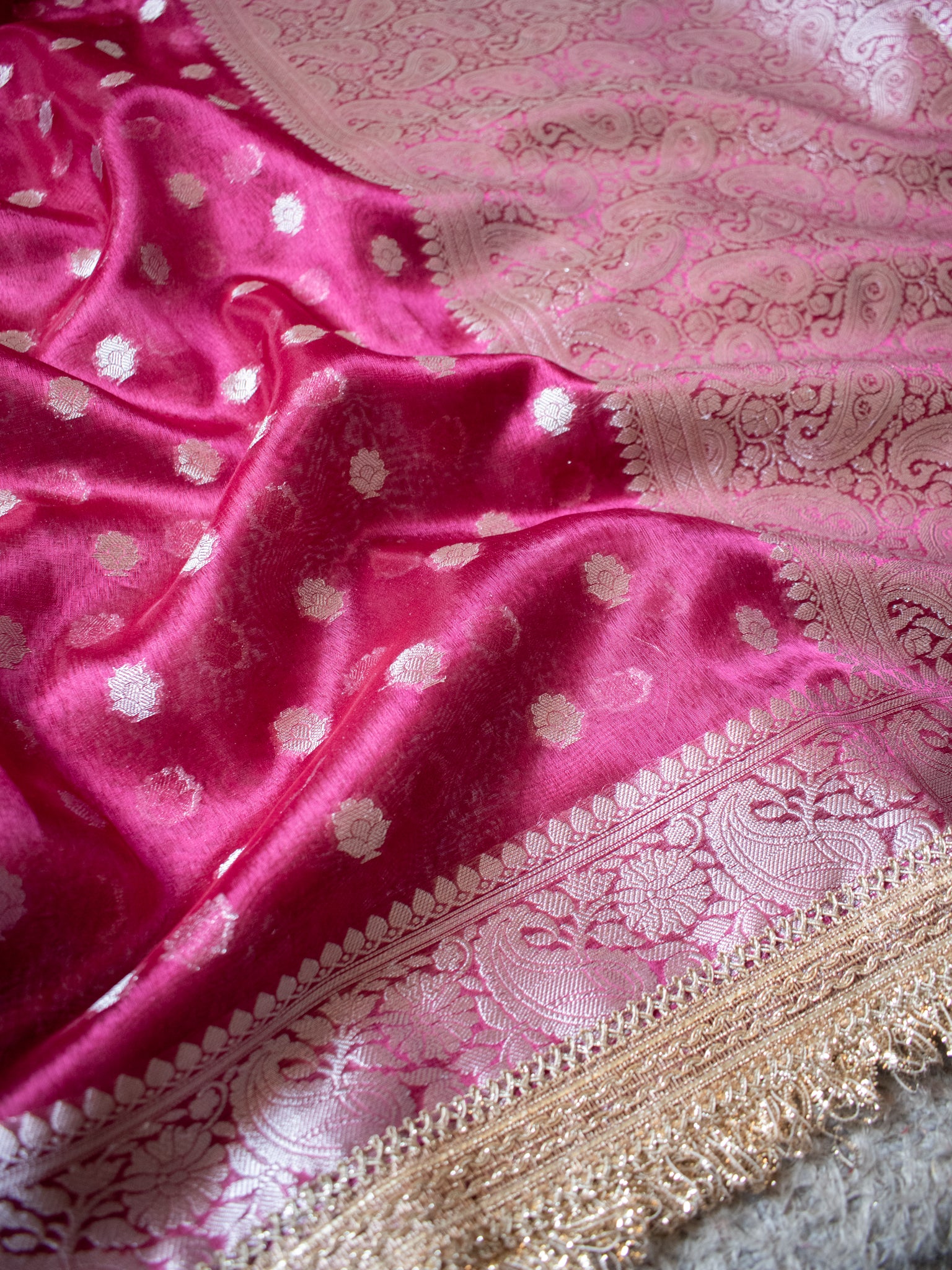 Banarasi Tissue Saree With Silver Zari & Border - Magenta