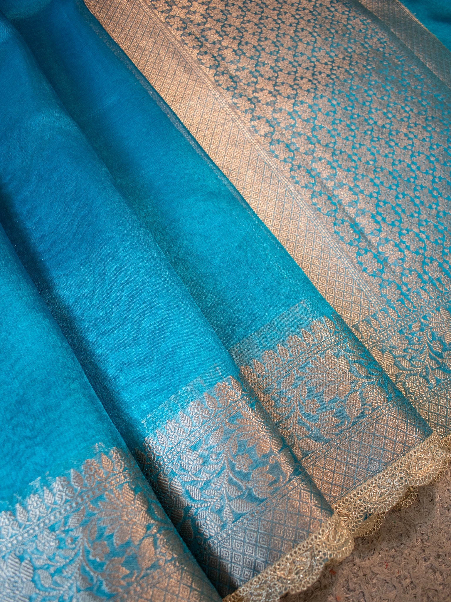 Banarasi Plain Tissue Saree With Lace Border - Blue