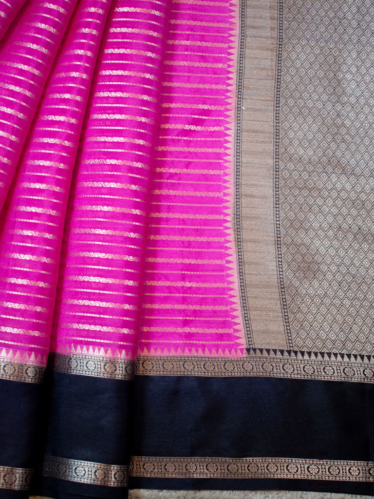 Banarasi Cotton Silk Saree with Satin Contrast Border-Pink