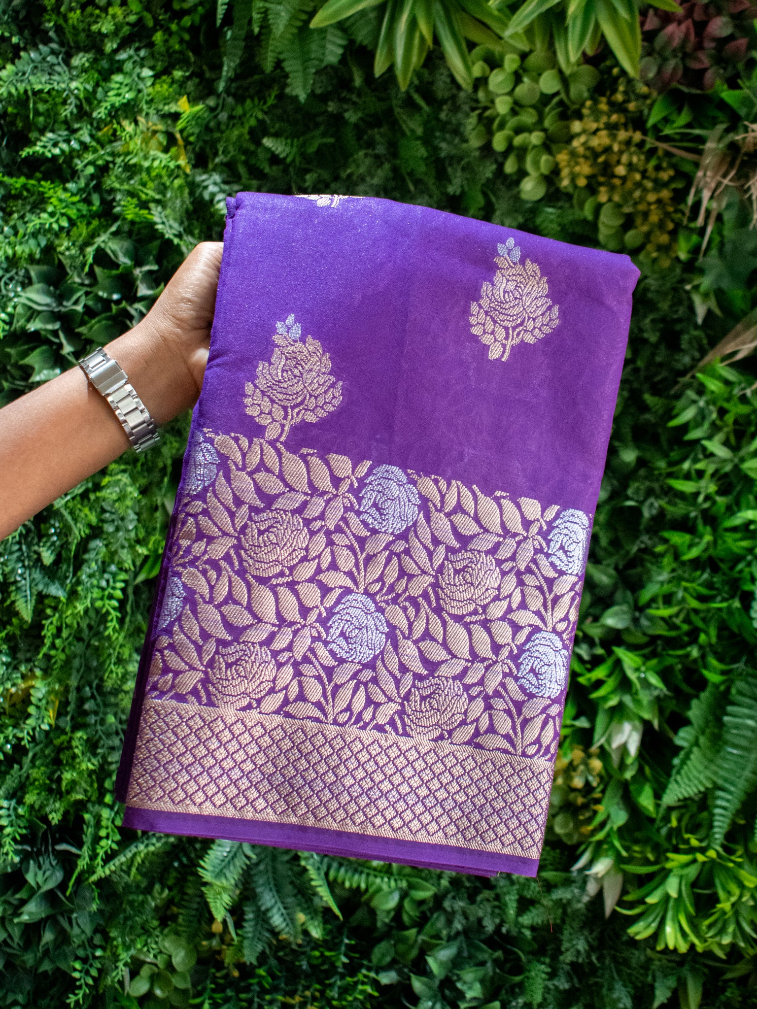 Banarasi Semi Dupion Silk Saree With Silver & Gold Zari Weaving-Violet