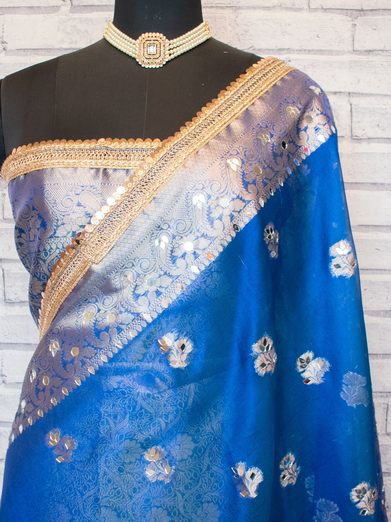 Banarasi Tissue Saree With Mirror Work & Lace Border- Blue