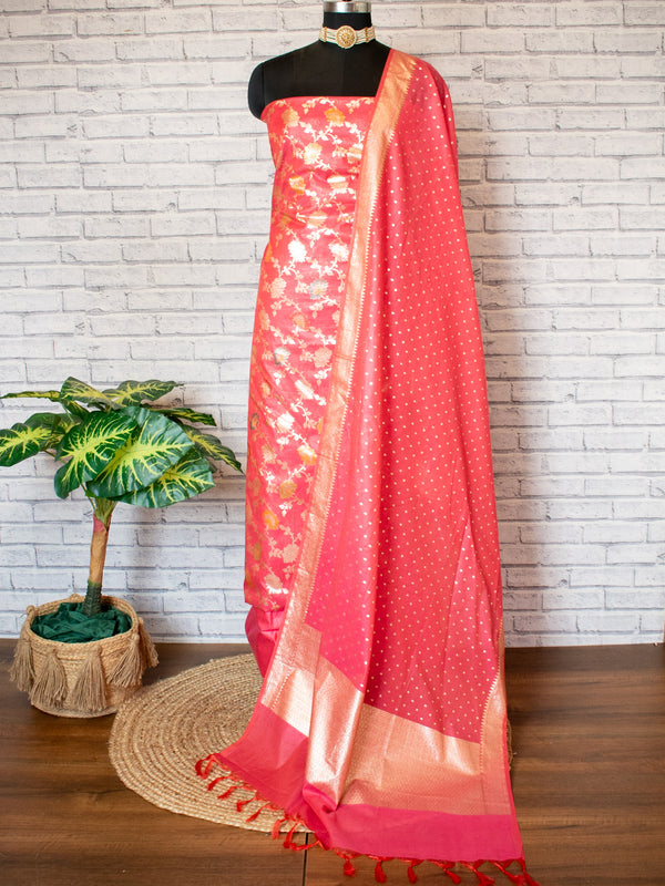 Banarasi Cotton Silk Salwar Kameez Material With Silver Zari Jaal Weaving & Dupatta-Pink