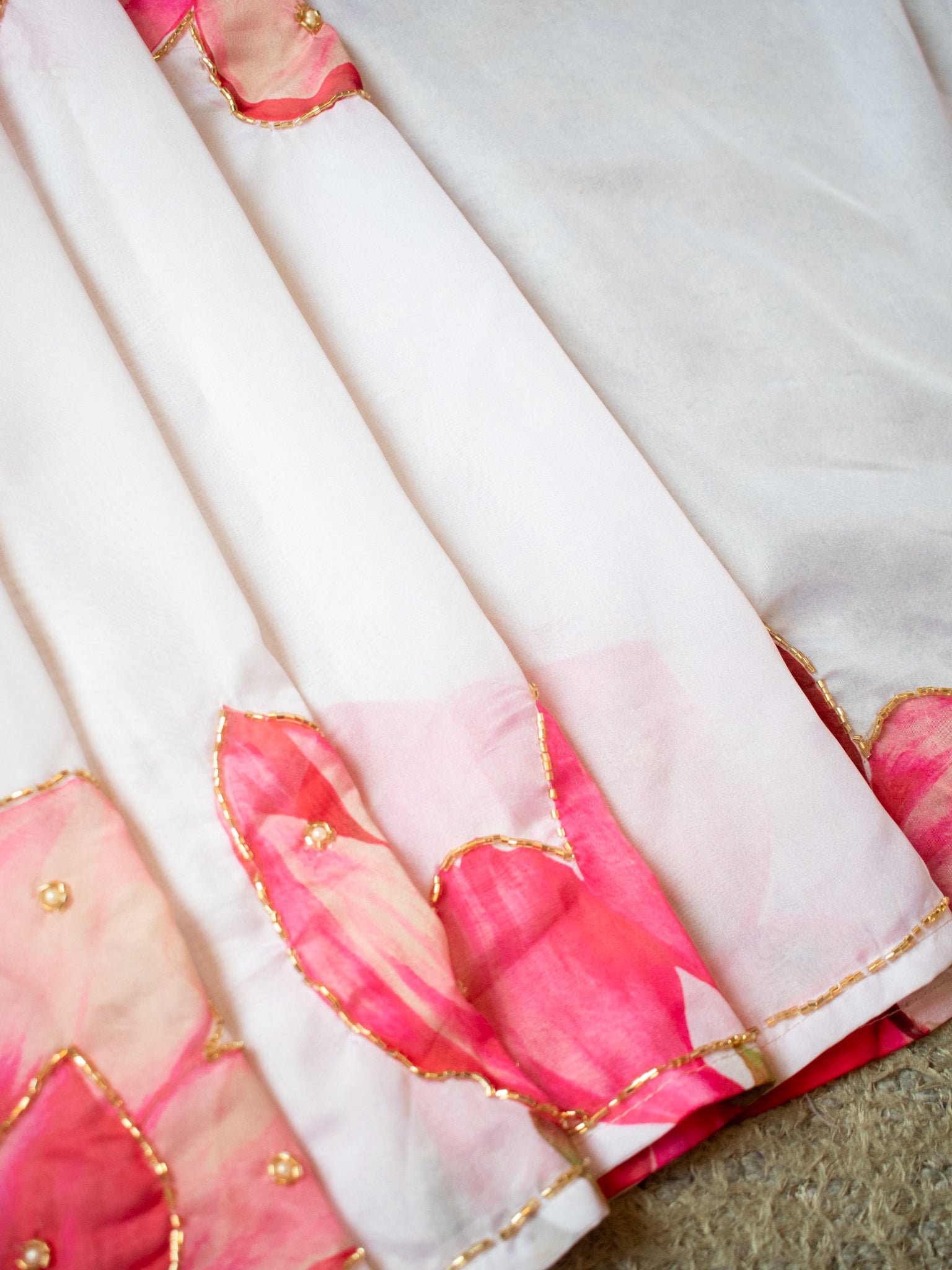 Semi Satin Floral Saree - White