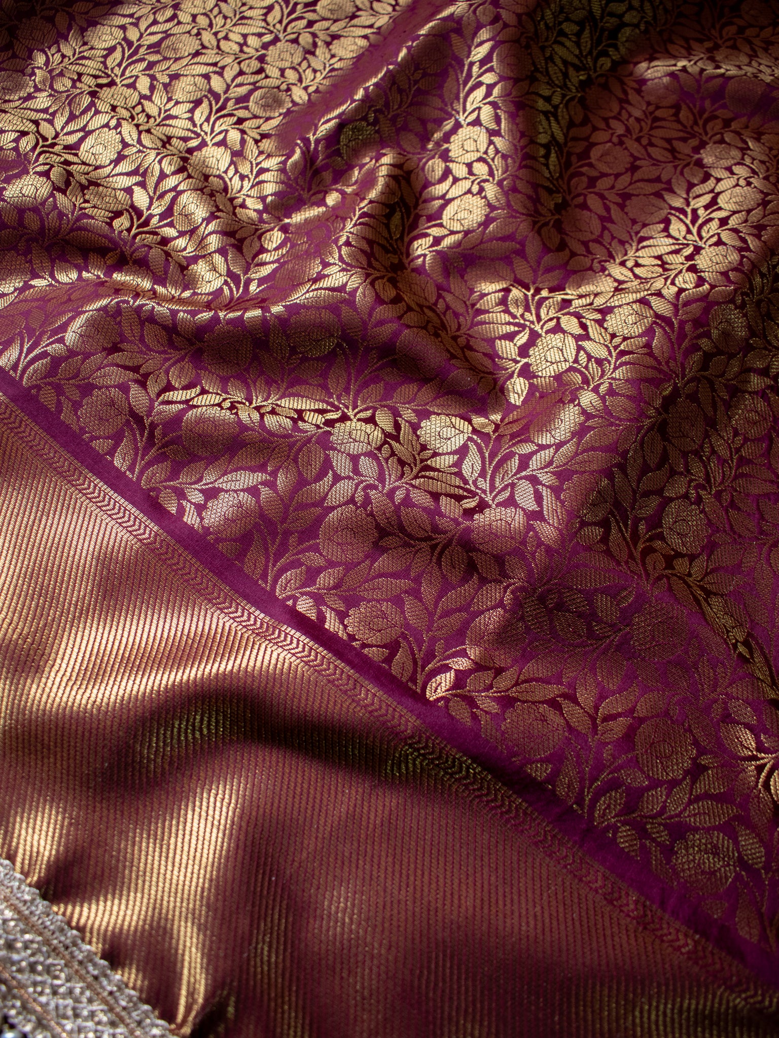 Brown Zari Banarasi Tissue Saree with Weaving & Lace Border