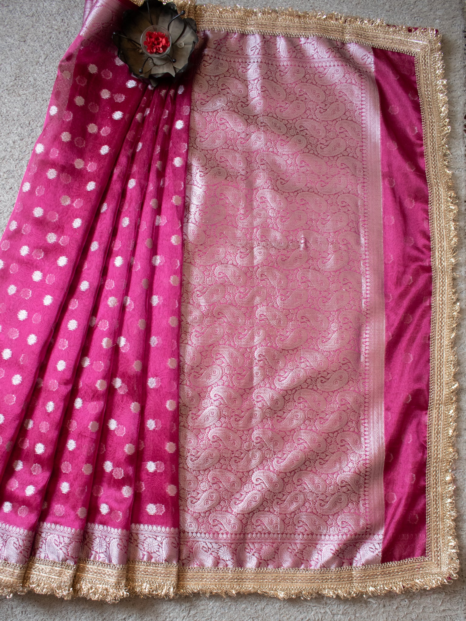 Banarasi Tissue Saree With Silver Zari & Border - Magenta