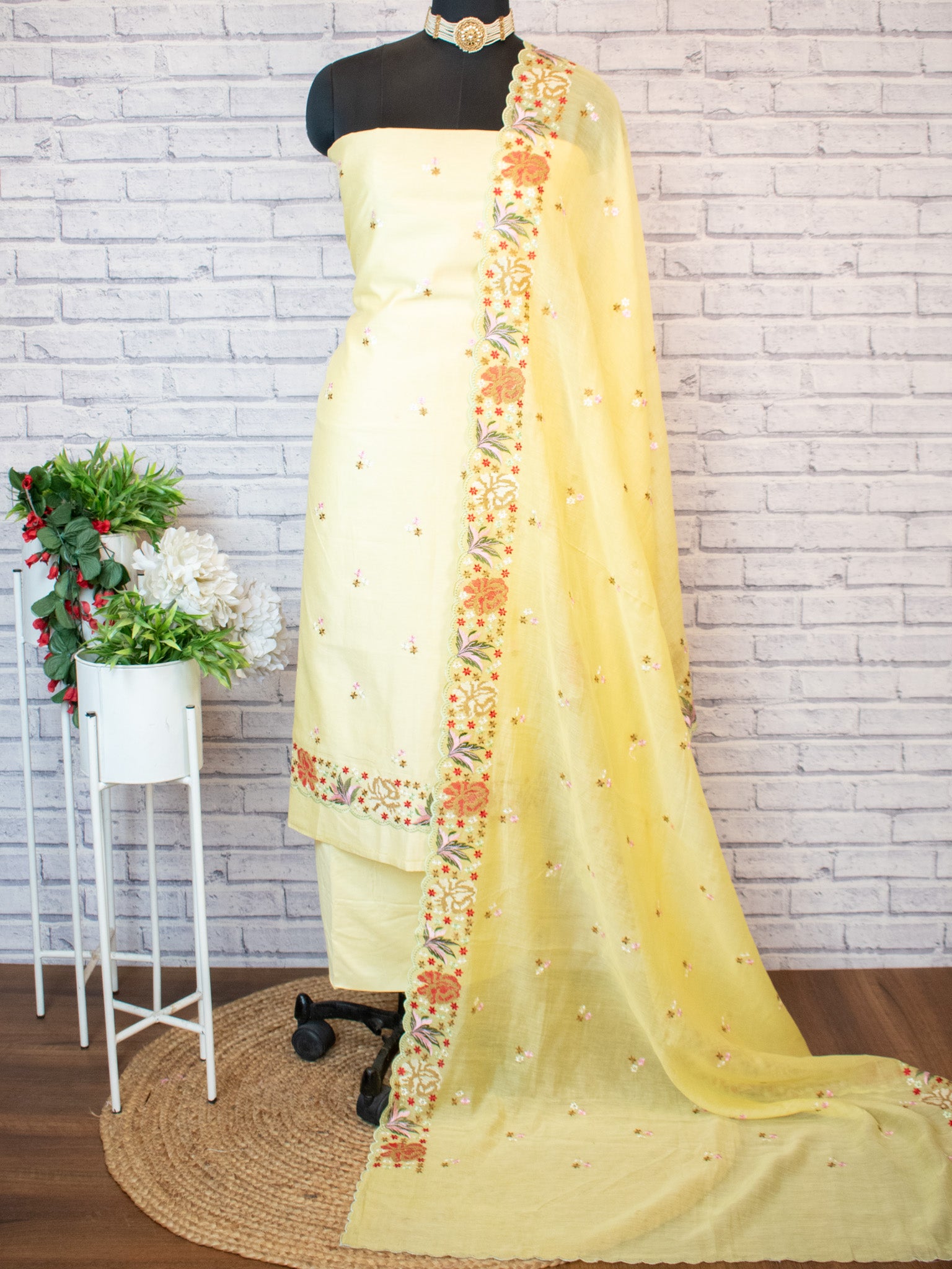 Banarasi Soft Cotton Embroidered Salwar Kameez Fabric With Dupatta- Yellow