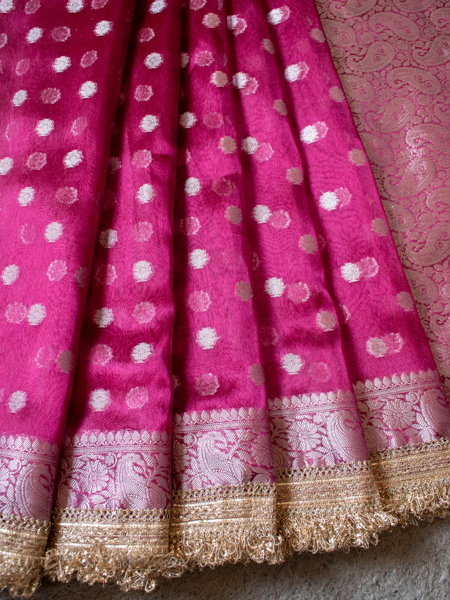 Banarasi Tissue Saree With Silver Zari & Border - Magenta