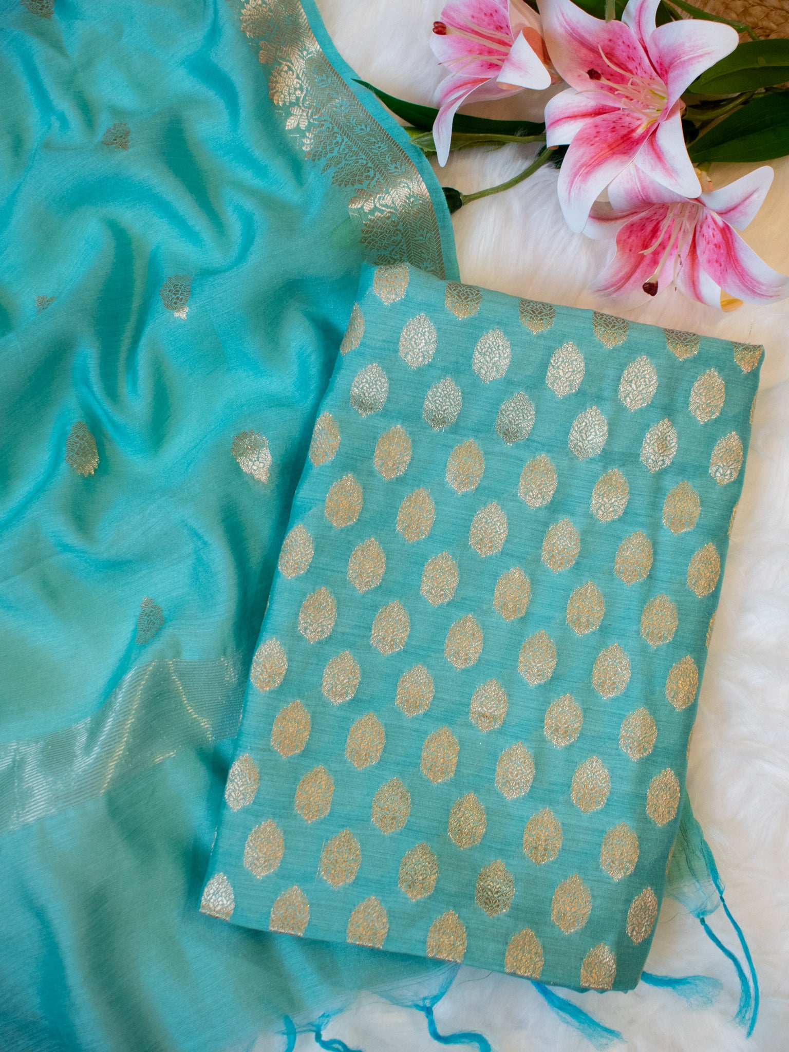 Banarasi Pure Muga Silk Salwar Kameez- Teal