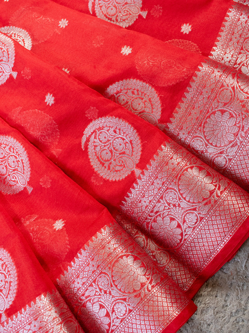 Banarasi Cotton Silk Saree with Round Buta Silver Zari Weaving-Red