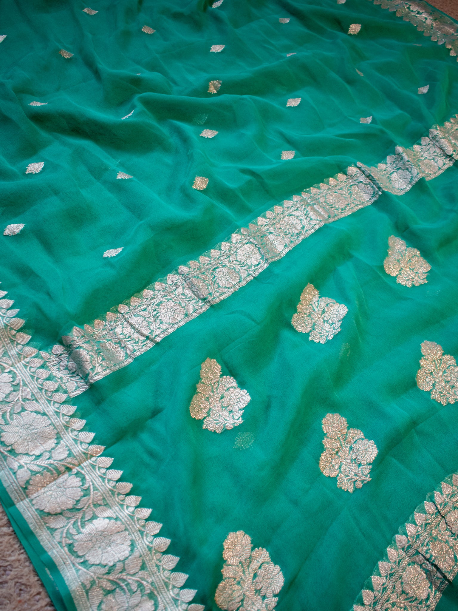 Banarasi Pure Khaddi Georgette Saree With Buti Weaving- Aqua Blue