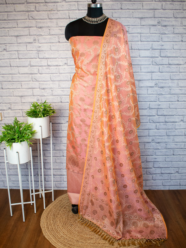 Banarasi Cotton Silk Salwar Kameez Fabric Resham Weaving & Jaal Dupatta-Peach