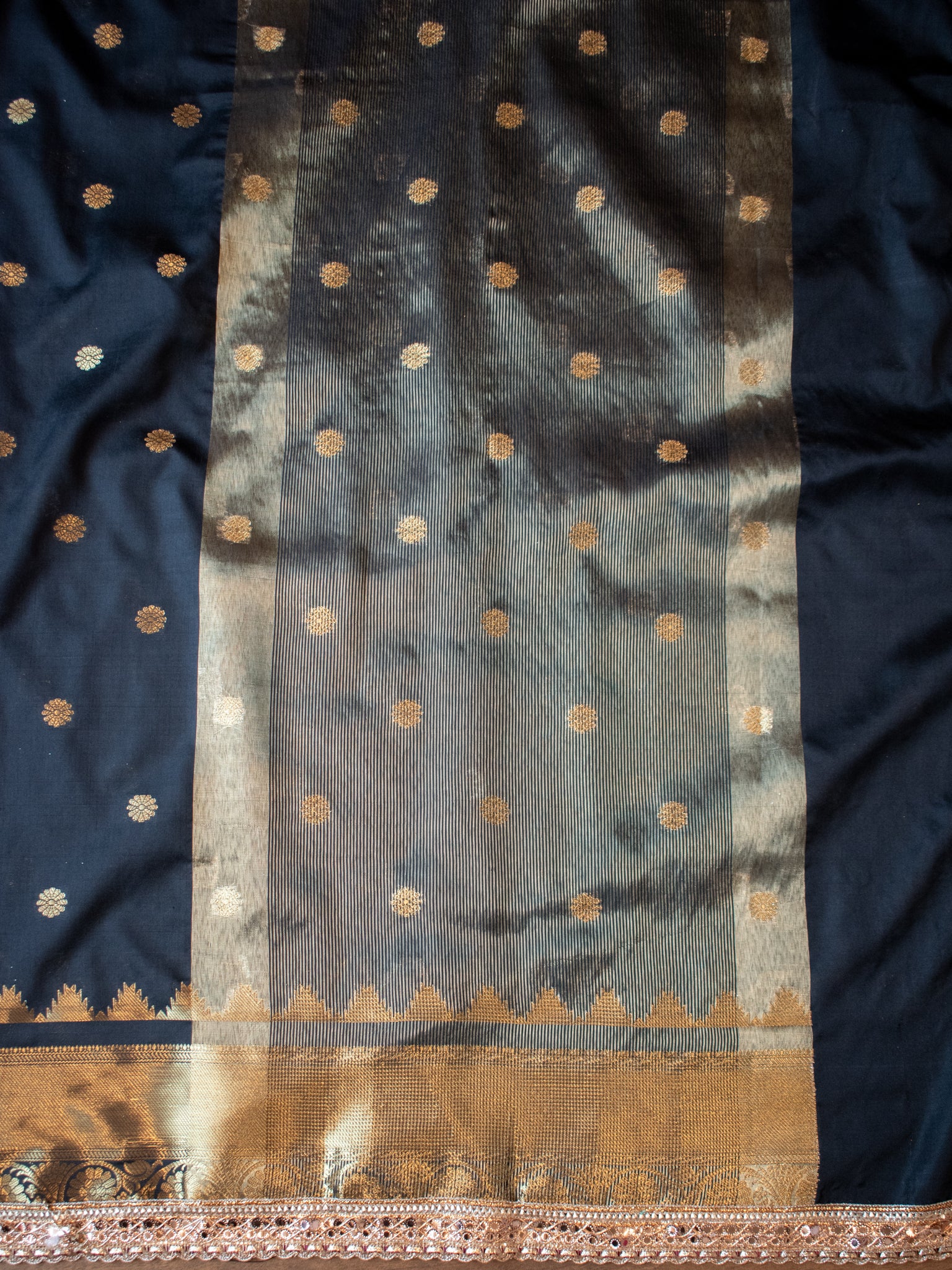 Banarasi Semi Silk Saree with Zari Buti Weaving & Lace Border - Black