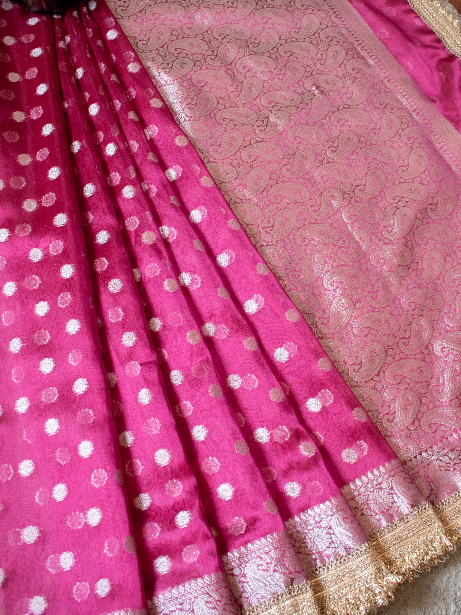 Banarasi Tissue Saree With Silver Zari & Border - Magenta