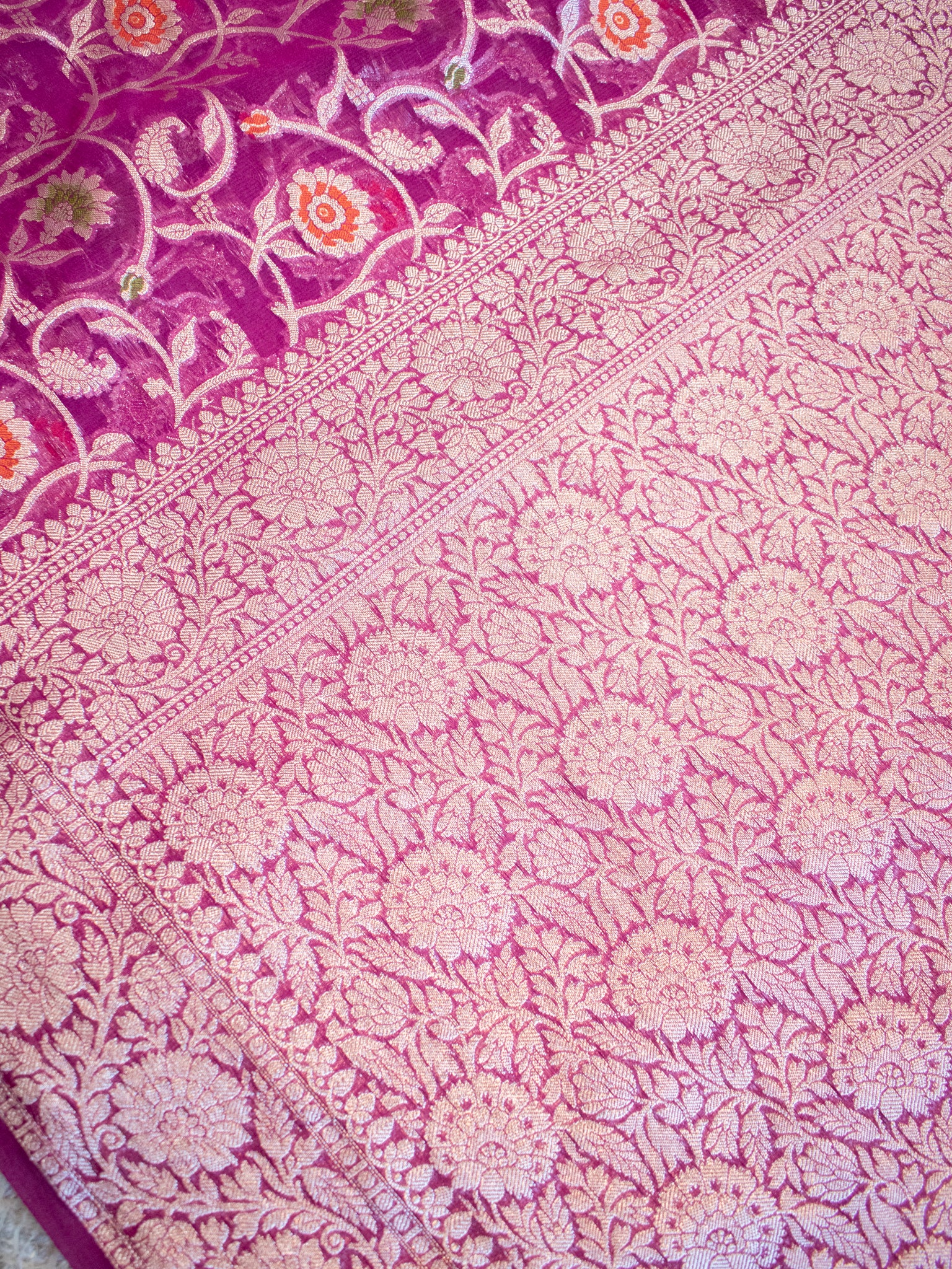 Banarasi Cotton Silk Saree Silver Zari Floral Weaving With Border- Purple