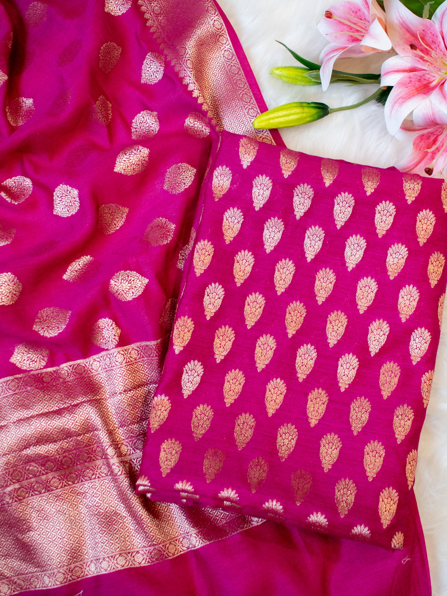 Banarasi Pure Muga Silk Salwar Kameez- Magenta 1